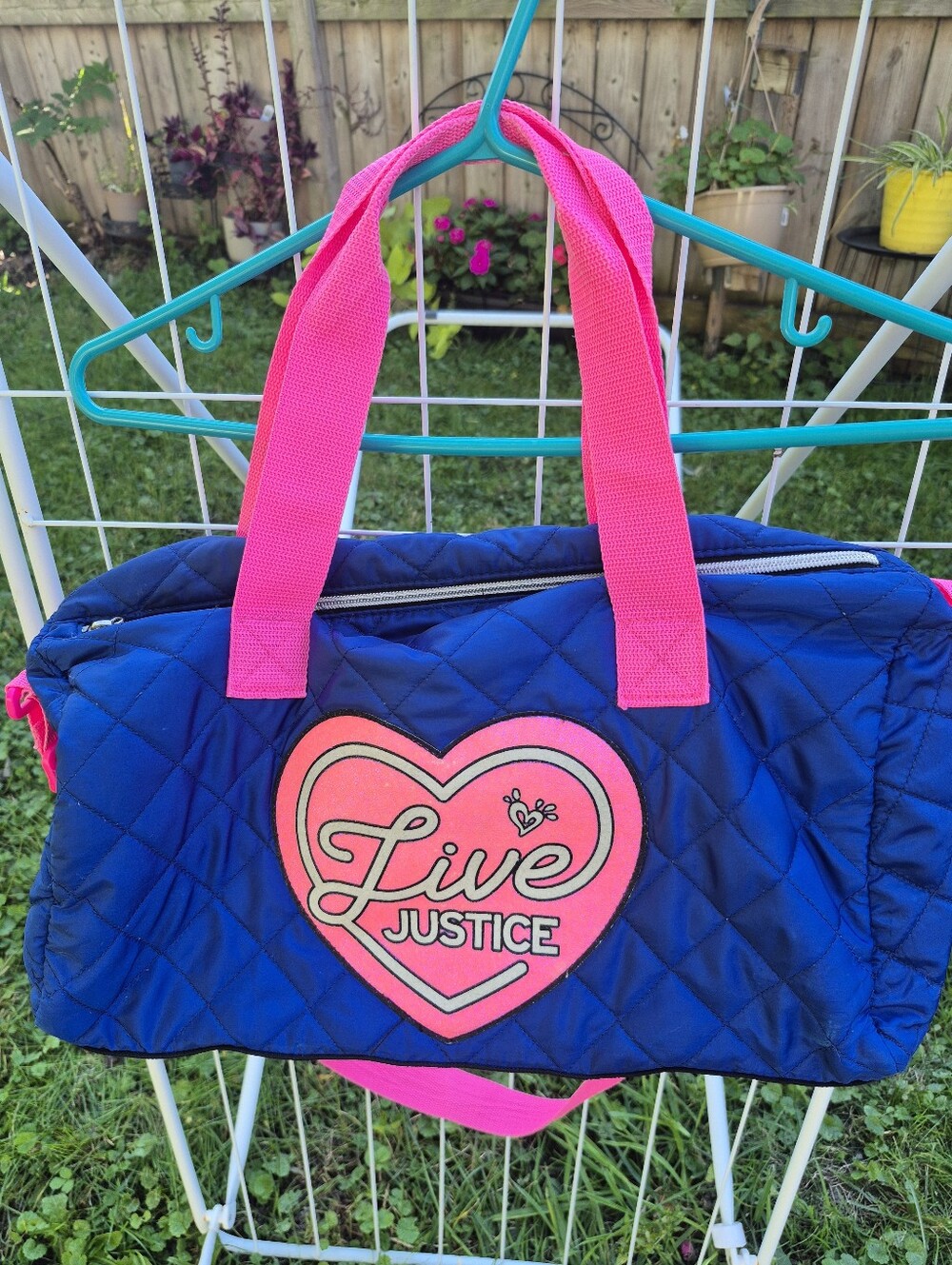 Justice Quilted Travel Duffel in Navy with Hot Pink Accents